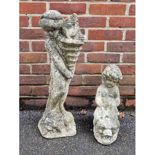 1733 - An old weathered composition stone cherub and shell water feature, 71cm high; together with ano... 