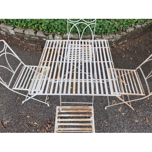 1750 - A white painted steel garden table, 80cm x 80cm; together with four matching chairs.... 