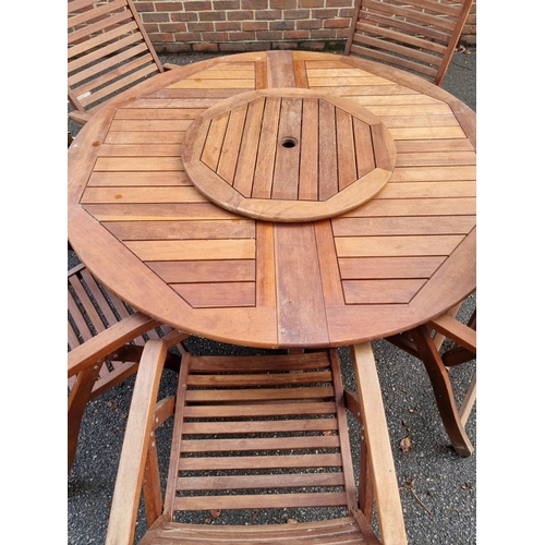 1774 - A Pagoda hardwood folding garden table and six elbow chairs, with Lazy Susan and occasional tab... 