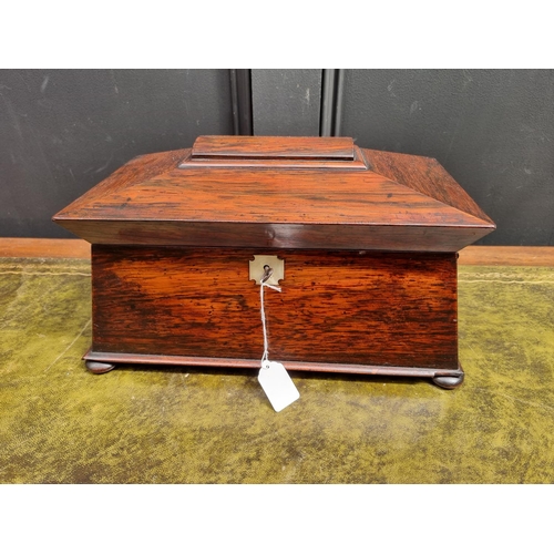 1115 - An early Victorian rosewood sarcophagus tea caddy, 37cm wide, (cut glass mixing bowl riveted). ... 