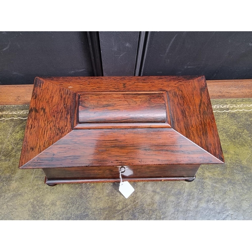 1115 - An early Victorian rosewood sarcophagus tea caddy, 37cm wide, (cut glass mixing bowl riveted). ... 