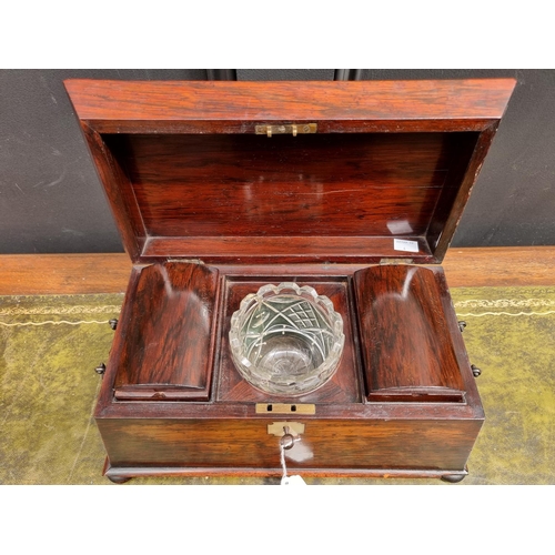 1115 - An early Victorian rosewood sarcophagus tea caddy, 37cm wide, (cut glass mixing bowl riveted). ... 