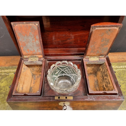 1115 - An early Victorian rosewood sarcophagus tea caddy, 37cm wide, (cut glass mixing bowl riveted). ... 