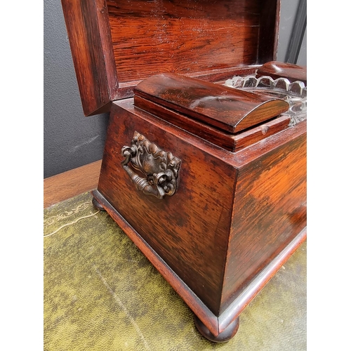 1115 - An early Victorian rosewood sarcophagus tea caddy, 37cm wide, (cut glass mixing bowl riveted). ... 