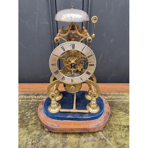 1411 - A skeleton clock, with glass dome, total height 38.5cm high, with pendulum, (lacking hour hand)... 