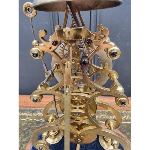 1411 - A skeleton clock, with glass dome, total height 38.5cm high, with pendulum, (lacking hour hand)... 