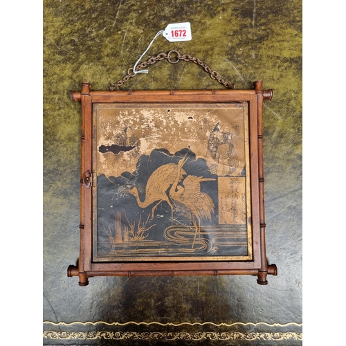 1672 - An unusual Aesthetic simulated bamboo and chinoiserie triptych hanging wall mirror, 30.5cm wide... 