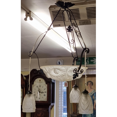 1674 - An old painted metal and frosted glass three branch ceiling light, approx 80cm high. ... 