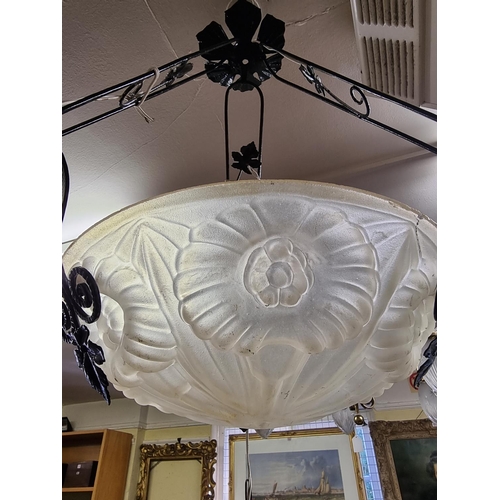 1674 - An old painted metal and frosted glass three branch ceiling light, approx 80cm high. ... 