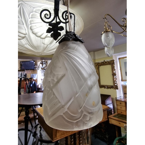 1674 - An old painted metal and frosted glass three branch ceiling light, approx 80cm high. ... 