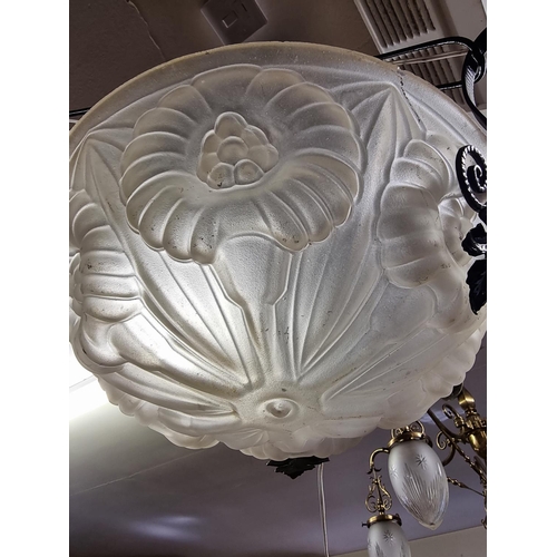 1674 - An old painted metal and frosted glass three branch ceiling light, approx 80cm high. ... 