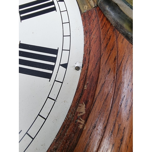 1689 - An oak wall clock, with 11 3/4in painted dial, and pendulum.