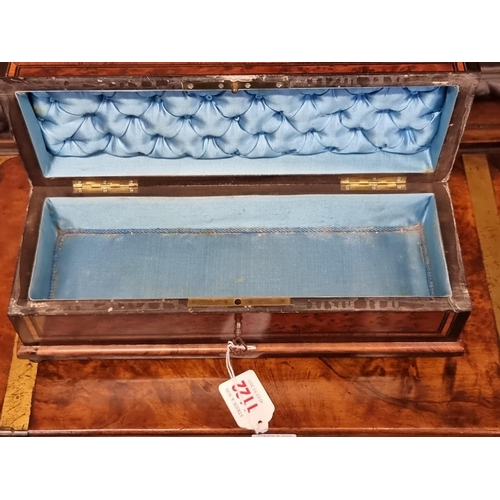 1122 - An antique French burr yew and inlaid glove type box, 32cm wide.  