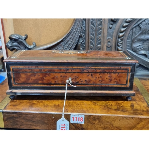 1122 - An antique French burr yew and inlaid glove type box, 32cm wide.  