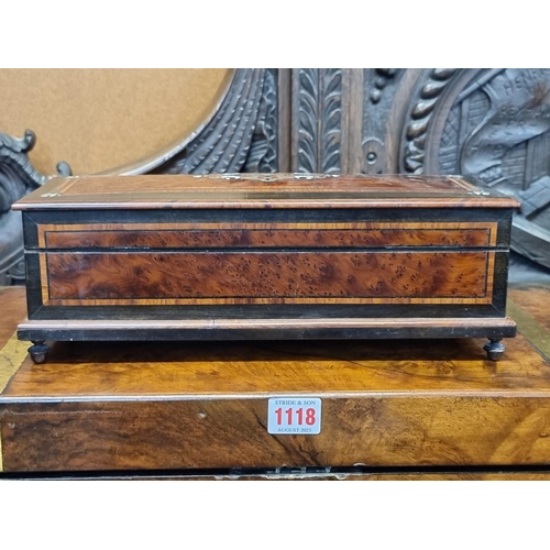 1122 - An antique French burr yew and inlaid glove type box, 32cm wide.  