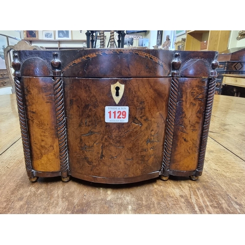 1129 - A very unusual late 18th century walnut and inlaid bowfront workbox, possibly Irish, the interior wi... 