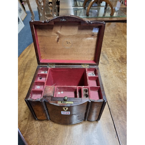 1129 - A very unusual late 18th century walnut and inlaid bowfront workbox, possibly Irish, the interior wi... 