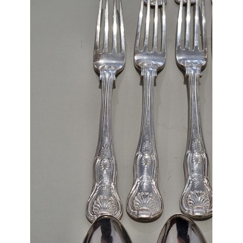 80A - A part canteen of George IV king's pattern cutlery, comprising; eleven table forks, ten dessert fork... 