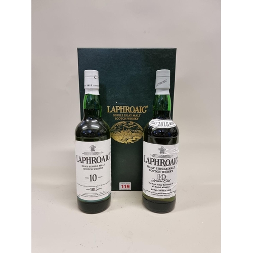 119 - Two 70cl bottles of Laphroaig Whisky, one in presentation box with two glasses. (2)