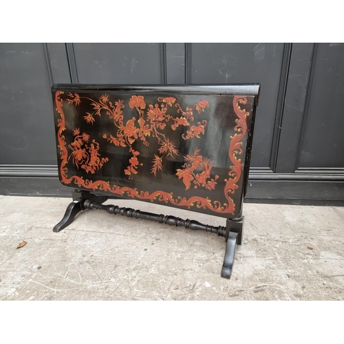 1062 - An unusual 19th century ebonized and lacquered Sutherland table, with chinoiserie decoration, 87cm w... 