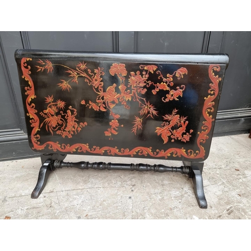 1062 - An unusual 19th century ebonized and lacquered Sutherland table, with chinoiserie decoration, 87cm w... 