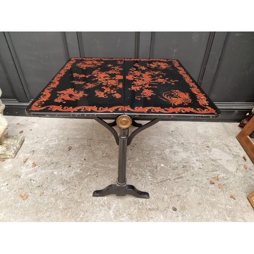 1062 - An unusual 19th century ebonized and lacquered Sutherland table, with chinoiserie decoration, 87cm w... 