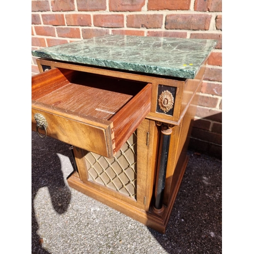 1063 - A small reproduction mahogany and marble top side cabinet, 53cm wide.