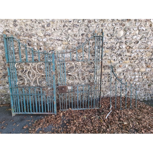 1112 - An old pair of painted wrought iron gates, 197cm x 214cm; together with another smaller matching gat... 