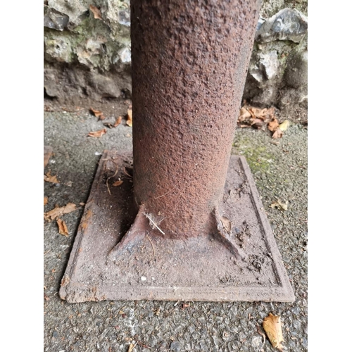 1113 - An unusual pair of cast iron staddle stones, 56cm high, (top of one cracked).