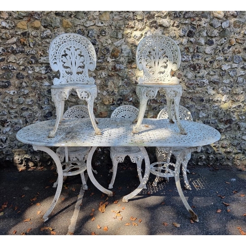 1116 - A white painted aluminium garden table and five chairs, the table 181cm wide.