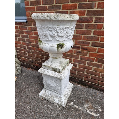 1124 - A white painted composition stone Campana urn and pedestal, 110cm high.