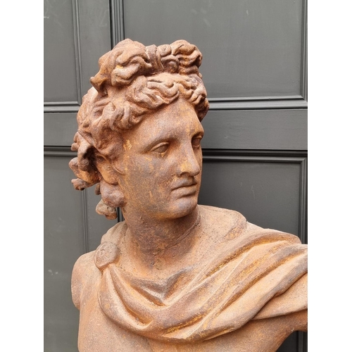 1137 - After the Antique, a large cast iron bust of Apollo, 78cm high, on a painted terracotta io... 