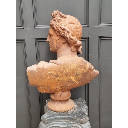 1137 - After the Antique, a large cast iron bust of Apollo, 78cm high, on a painted terracotta io... 