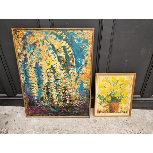 1141 - Byron Coutsaftidis, untitled, signed, oil on board, 100 x 77cm; together with 'Daffodils', by t... 