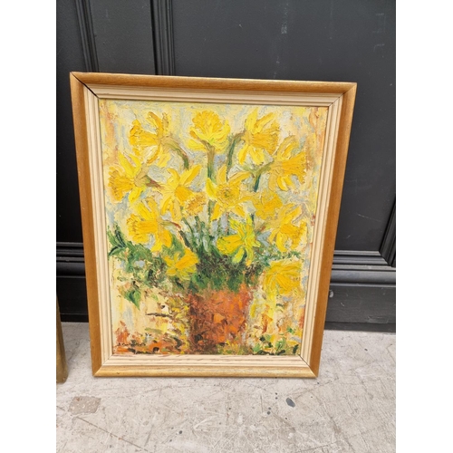 1141 - Byron Coutsaftidis, untitled, signed, oil on board, 100 x 77cm; together with 'Daffodils', by t... 