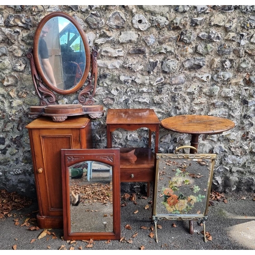 1098 - A sundry lot of furniture, to include a Victorian oak tripod table, 53cm wide; a brass framed fire s... 