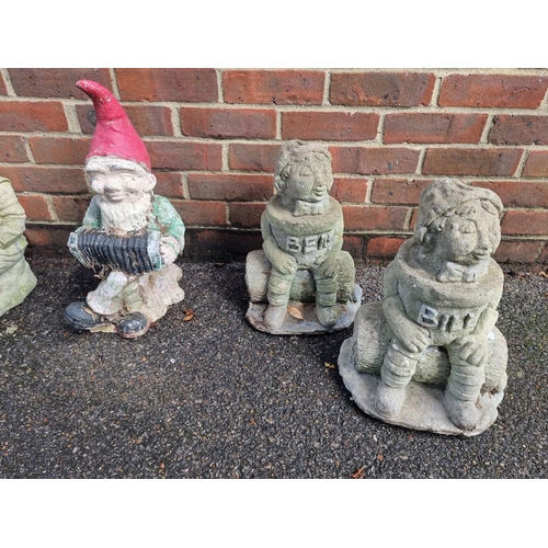 1114 - Five composition stone gnomes, largest 53.5cm high; together with a pair of 'Bill & Ben' example... 