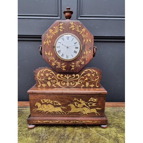 1345 - An early Victorian rosewood and brass inlaid mantel timepiece, 52cm high.