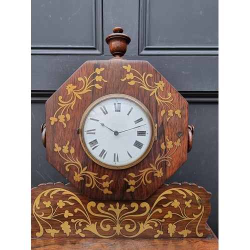 1345 - An early Victorian rosewood and brass inlaid mantel timepiece, 52cm high.