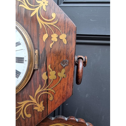 1345 - An early Victorian rosewood and brass inlaid mantel timepiece, 52cm high.