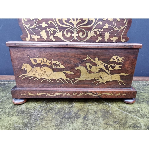 1345 - An early Victorian rosewood and brass inlaid mantel timepiece, 52cm high.