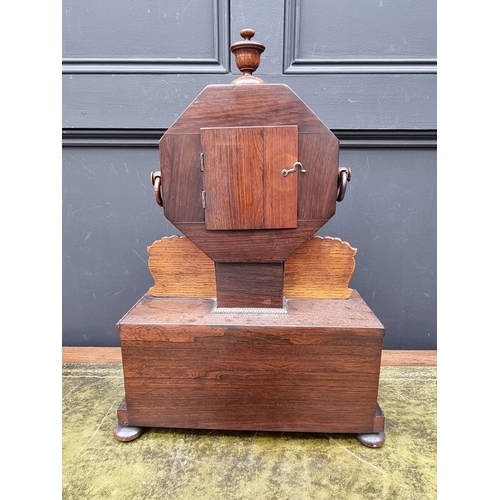 1345 - An early Victorian rosewood and brass inlaid mantel timepiece, 52cm high.