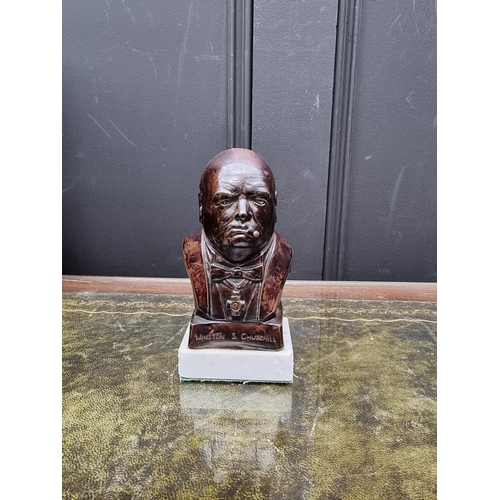 1360 - R A Pickering, a bronzed bust of Winston Churchill, signed and dated '49, on marble base, 15.5c... 