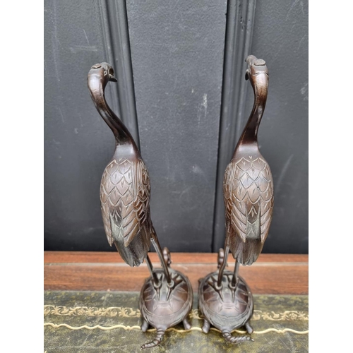 1364 - A pair of Japanese bronze crane and tortoise figure groups, 26cm high. 