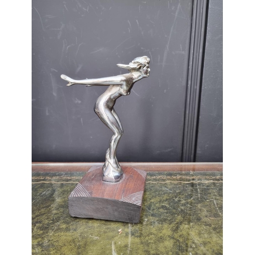 1374 - Automobilia: a 1920s nickel plated 'Speed Nymph' car mascot, 18cm high, on hardwood base. ... 