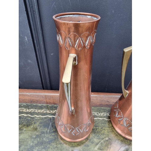 1386 - A pair of WMF Secessionist copper and brass twin handled vases, 30cm high. 