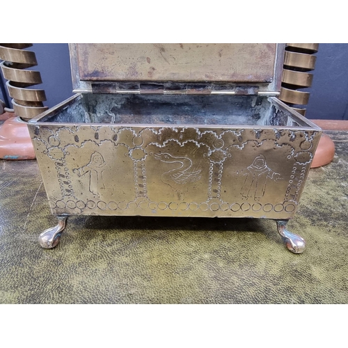 1392 - A small antique brass casket, the hinged lid inscribed 'James Wain, London' and engraved with two li... 