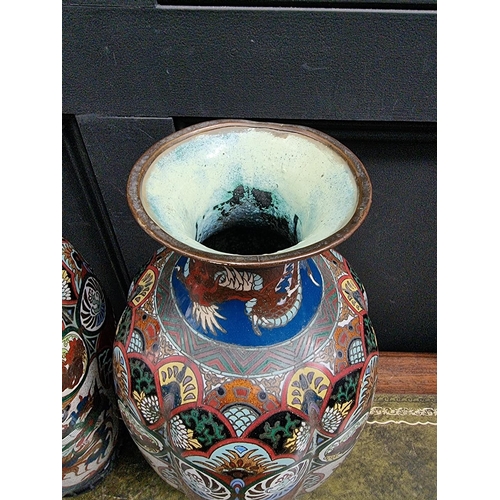 1397 - A large pair of Japanese cloisonne enamel vases, on fixed wood bases, 48.5cm high, (s.d.).... 