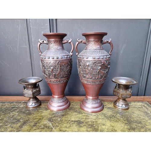 1398 - Two pairs of Japanese bronze vases, largest 31cm high. 