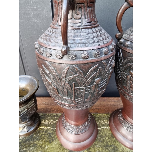 1398 - Two pairs of Japanese bronze vases, largest 31cm high. 